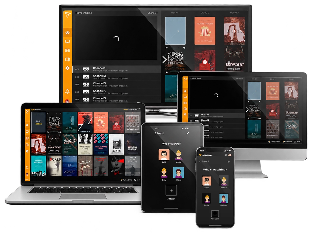 MaxPlayer exibido em televisores, notebooks, tablets e celulares